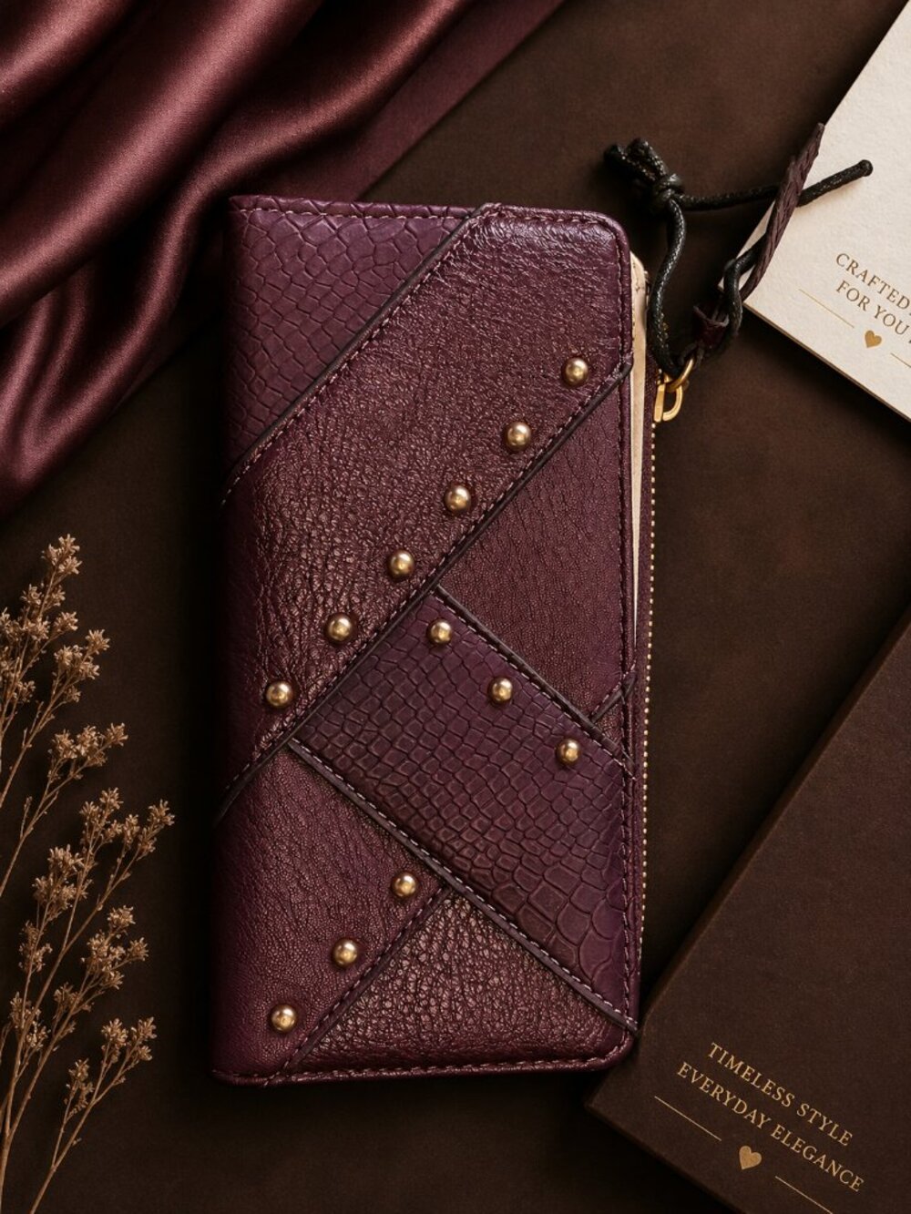 NWT Jessica Simpson Burgundy Patchwork Studded Zip Around Wallet